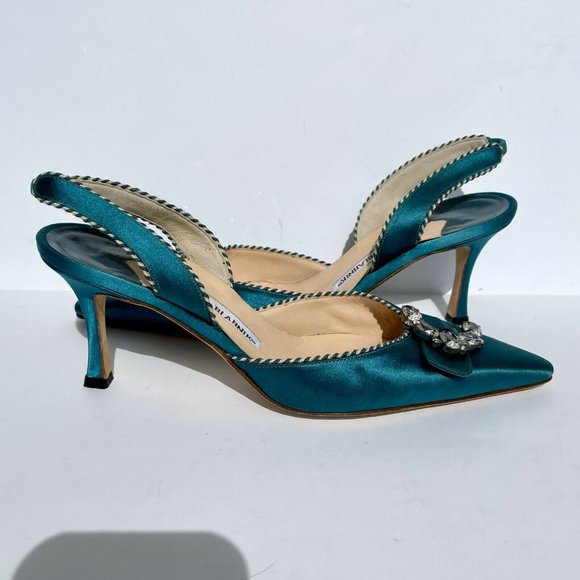 Manolo Blahnik Teal Satin Carolyne Jewel Pump Heel 100th Anniversary - Picture 3 of 8